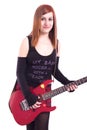 Teenage girl with an electric guitar on white back Royalty Free Stock Photo