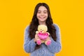 Teenage girl embracing toy. Childhood, toys and kids. Child with toy teddy bear with love heart for valentines day. Cute Royalty Free Stock Photo