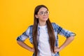 teenage girl in eyesight eyeglasses look somewhere. girl with eyesight glasses and checkered shirt. teenage girl wear Royalty Free Stock Photo