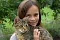 Cute teenage girl cuddles with her cat