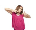 Teenage girl gesturing peace sign