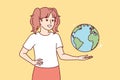 Teenage girl with globe studies geography and dreams of traveling of world. Vector image Royalty Free Stock Photo