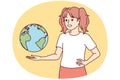 Teenage girl with globe studies geography and dreams of traveling of world. Vector image Royalty Free Stock Photo