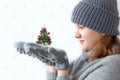 A teenage girl in a gray knitted hat, sweater and mittens holds a small green Christmas tree decorated with red balloons in her Royalty Free Stock Photo