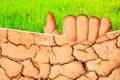 Teenage girl hand holding cracked soil during the dry season bus