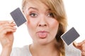 Teenage girl holding little school blackboards