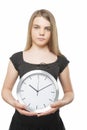 Teenage Girl Holding Office Clock. Time Concept