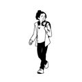 Teenage girl in jacket, jeans and sneakers walking. Front view. Monochrome vector illustration of cute teen girl with