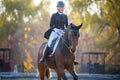 Teenage girl riding horse on equestrian dressage test in autumn Royalty Free Stock Photo