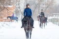 Teenage girl riding horse at the ranch in winter Royalty Free Stock Photo