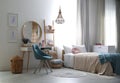 Teenage girl`s bedroom interior with furniture. Idea for design Royalty Free Stock Photo