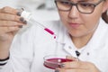 A teenage girl in a school laboratory in chemistry , doing experiments in lab.