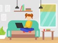 Teenage Girl Sitting on Sofa Using Laptop Computer, Gadget Addiction Concept Cartoon Vector Illustration