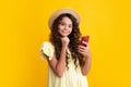 Teenage girl with smart phone. Portrait of teen child using mobile phone, cell web app. Happy teenager, positive and Royalty Free Stock Photo