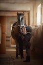 Teenage girl standing with horse in a stable Royalty Free Stock Photo