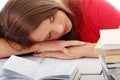 Teenage girl studying at the desk being tired Royalty Free Stock Photo