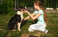 teenage girl training australian shepherd puppy dog in summer. in forest Royalty Free Stock Photo