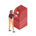 Teenage girl use ATM terminal vector isometric illustration. Modern female standing near machine for withdrawal cash or