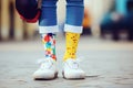 Teenage girl wearing different pair of socks and white sneakers outdoors. Kid foots in mismatched socks. Odd Socks day Royalty Free Stock Photo