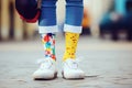 Teenage girl wearing different pair of socks and white sneakers outdoors. Kid foots in mismatched socks. Odd Socks day