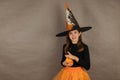 Teenage girl in witch costume for Halloween on gray background holding small pumpkins in her hands, copy space Royalty Free Stock Photo