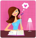 Teenage girl writing diary and dreaming about love Royalty Free Stock Photo