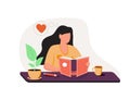 Teenage girl writing diary or journal. Happy young woman reading book and taking notes with pencil. Vector illustration.