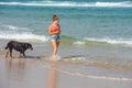 Beautiful young woman using her smartphone while strolling the southwestern beaches with her dog Royalty Free Stock Photo