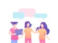 Teenage girls discussing on social networks speech bubble. Girls communicate online each other.