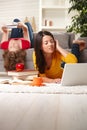 Teenage girls studying at home Royalty Free Stock Photo