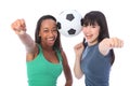 Teenage girls success and fun with soccer ball Royalty Free Stock Photo