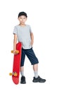 A teenage man in shorts, T-shirt, cap standing holding a red skateboard in his hand, isolated on a white background.