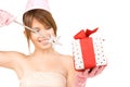 Teenage party girl with magic wand and gift box Royalty Free Stock Photo