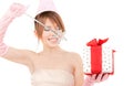 Teenage party girl with magic wand and gift box Royalty Free Stock Photo
