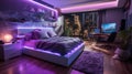 Teenage room at night, futuristic design with pink neon and led light. Modern home interior of city apartment. Concept of bedroom