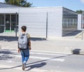 Teenage school boy with a backpack on his back walking to school Royalty Free Stock Photo