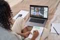 Teenage school girl distance learning with online teacher studying at home. Royalty Free Stock Photo