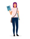 Teenage schoolgirl with book flat vector illustration. University, college student holding textbook and laptop cartoon character