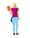 Teenage schoolgirl with textbook flat vector illustration. University student holding book and laptop cartoon character isolated