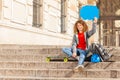 Teenage skateboarder with speech bubble over head Royalty Free Stock Photo