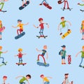 Teenage skateboarding seamless pattern happy teens guy wearing helmet capturing moves urban fun lifestyle vector