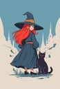A teenage sorceress in a cloak, hat, with a black cat against the background of white cloud towers. Royalty Free Stock Photo