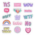 Teenage speech patch stickers. Girls fashion funny text patches. Oops, Wow, Omg cute doodle teenage pop art sticker