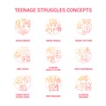 Teenage struggles red gradient concept icons set Royalty Free Stock Photo