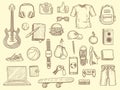 Teenage stuff. Young boys and girls clothes and gadgets teenage modern wardrobe vector drawn collection
