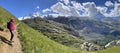 Teenage tourist admiring the snow-covered Swiss Alps including Matterhorn, panoramic image