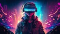 Teenage wearing VR headset on digital neon lights background