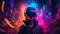 Teenage wearing VR headset on digital neon lights background