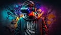 Teenage wearing VR headset on digital neon lights background