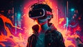 Teenage wearing VR headset on digital neon lights background